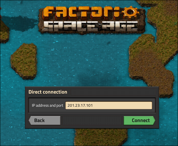 Uma captura de tela nos menus da tela inicial do factorio, está sendo feita uma conexão direta ao IP da VM