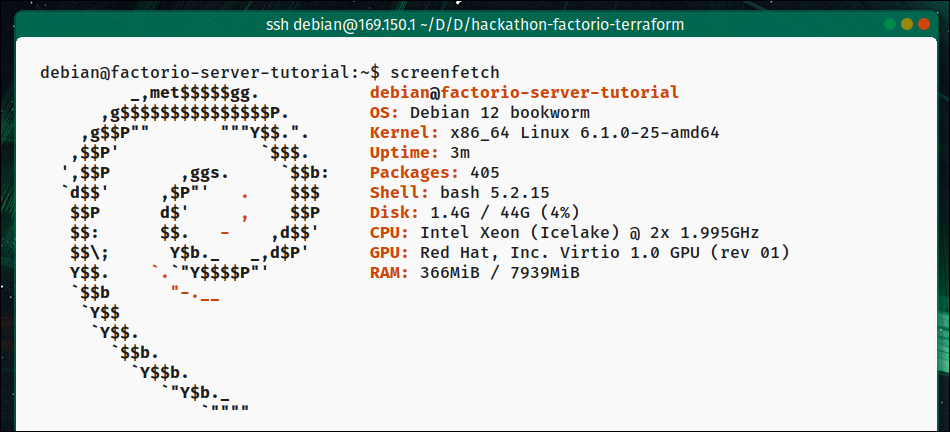 Uma captura de tela de um terminal conectado por SSH na VM do Magalu, rodando screenfetch e exibindo o logo do debian